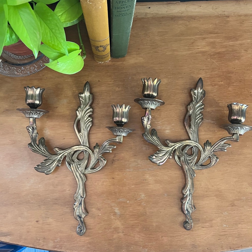 Vintage Brass Rococo Wall Candle Sconces Pair 2 Arm Acanthus Hollywood Regency